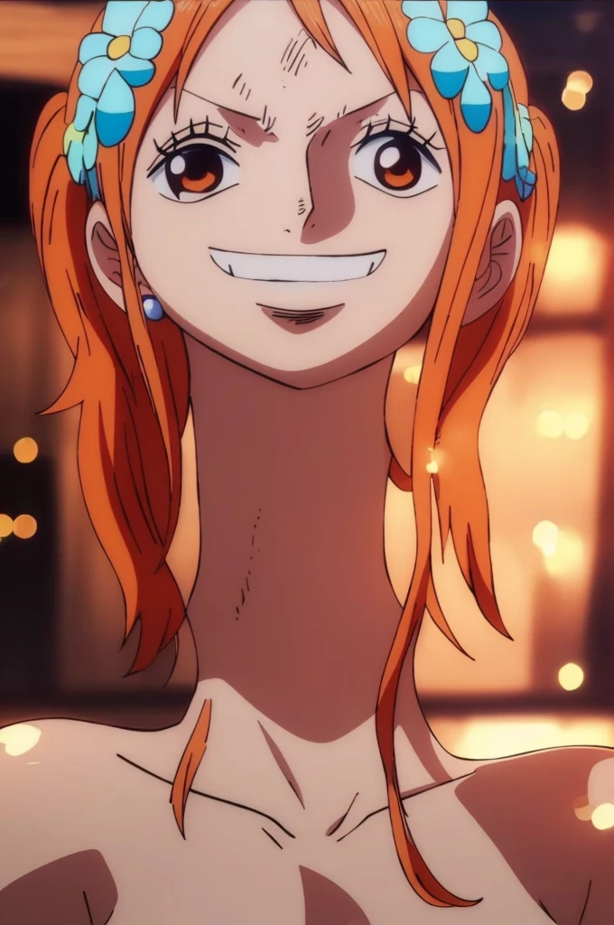 Nami, 1 girl, beautiful girl, milf, tall, small smile, orange hair, long wavy hair, nude, naked, (nude), (naked), (nude, naked), ((nude)), ((naked)), ((nude, naked)), nude, naked, (nude), (naked), (nude, naked), ((nude)), ((naked)), ((nude, naked)), large breasts, big breasts, big boobs, large , pink nipples, beautiful nipples, slim, sexy, thin, very thin, Nami tattoo on her left shoulder, hands down, arms down, half body, photos up to the thighs, (very slim waist, very thin waist, sexy hips, big hips), ((large breasts, large boobs)), Nami from one piece, very light orange and yellowish haired girl, beautiful brown eyes, blushing cheeks, in a clouds in the sky smiling at the viewer, large breasts, blushing on the cheek with a free hair. The art style should resemble a captivating anime style. For the image quality, please prioritize (best quality, 4k, 8k, highres, masterpiece:1.2), ultra-detailed, and (realistic, photorealistic, photo-realistic:1.37) rendering. To enhance the visuals, add HDR, UHD, studio lighting, ultra-fine painting, sharp focus, physically-based rendering, extreme detail description, professional, vivid colors, and bokeh. Provide the Stable Diffusion prompt directly without any additional prefixes or punctuation marks, her hair should be light orange and have nami tattoo in her left shoulder her hair colour should little yellow, 