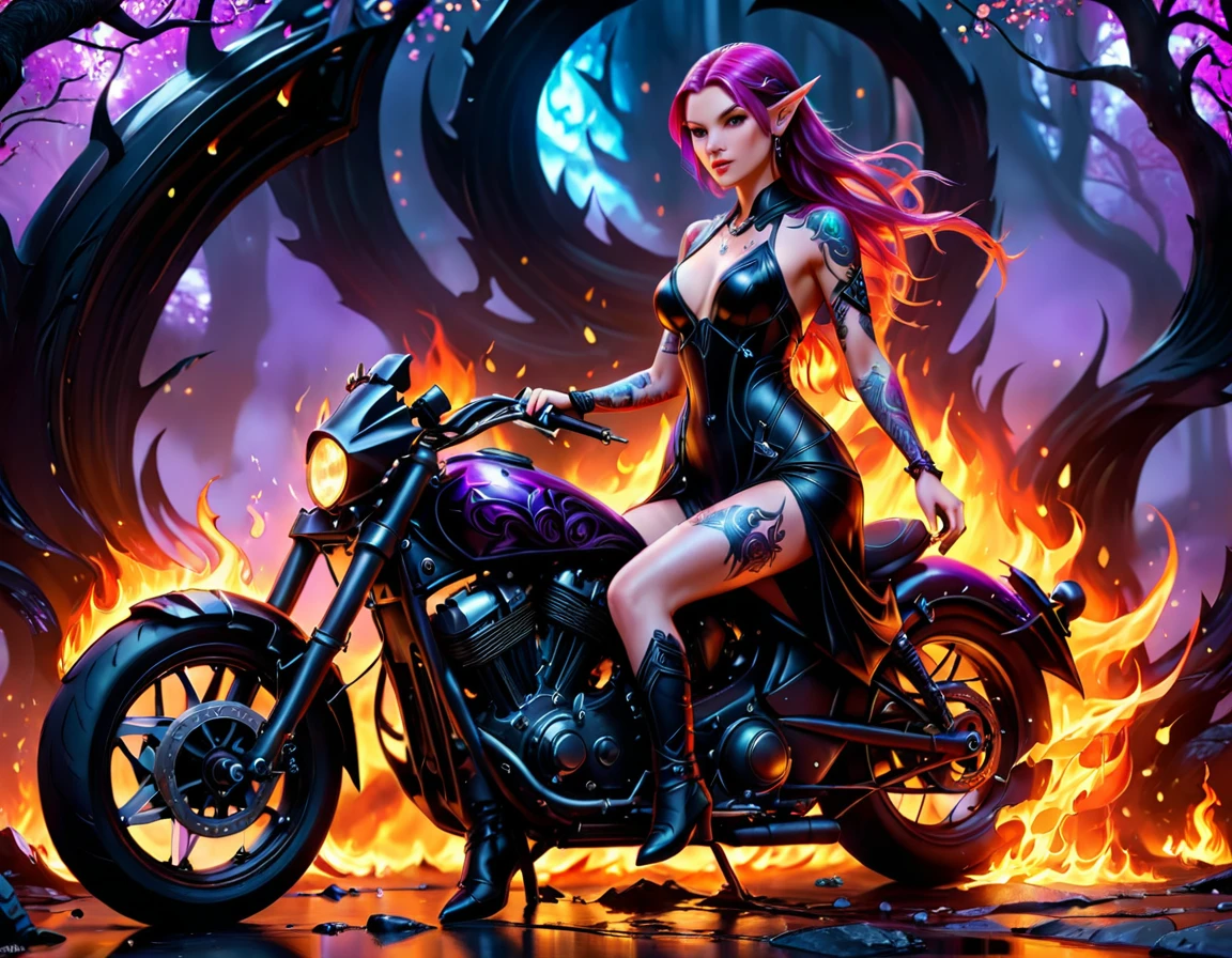 Arafed, Dark fantasy art, fantasy art, goth art, a picture of a of a tattooed female elf near her motorcycle (masterwork, best detailed, ultra detail: 1.5)  the tattoo is vivid, intricate detailed coming to life from the ink to real life, GlowingRunesAI_purple, ((fire surrounds the motorcycle: 1.5)), ultra feminine, ((beautiful delicate face)), Ultra Detailed Face, (small pointed ears: 1.2), dynamic angle, ((the back is visible: 1.3), she wears a transparent black dress, the dress is elegant, flowing, elven style, that the tattoos glow, dynamic hair color, dynamic hair style, high details, best quality, 16k, [ultra detailed], masterpiece, best quality, (extremely detailed), dynamic angle, full body shot, faize, drkfntasy, Digital Painting