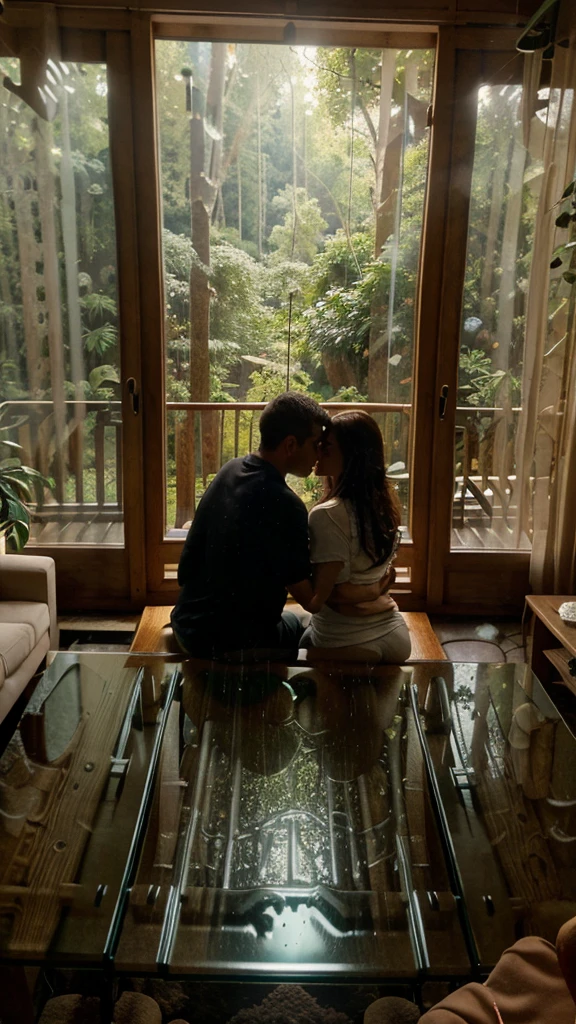 Interior view of wooden house with large glass window overlooking a forest, The weather is heavy rain, agua escorre no vidro, clima frio, sem neve, Dense forest outside, lareira com fogo baixo, livros na estante, wooden table with cups of hot coffee for two, A man and a woman are sitting on a brown leather sofa, eles conversam e riem.