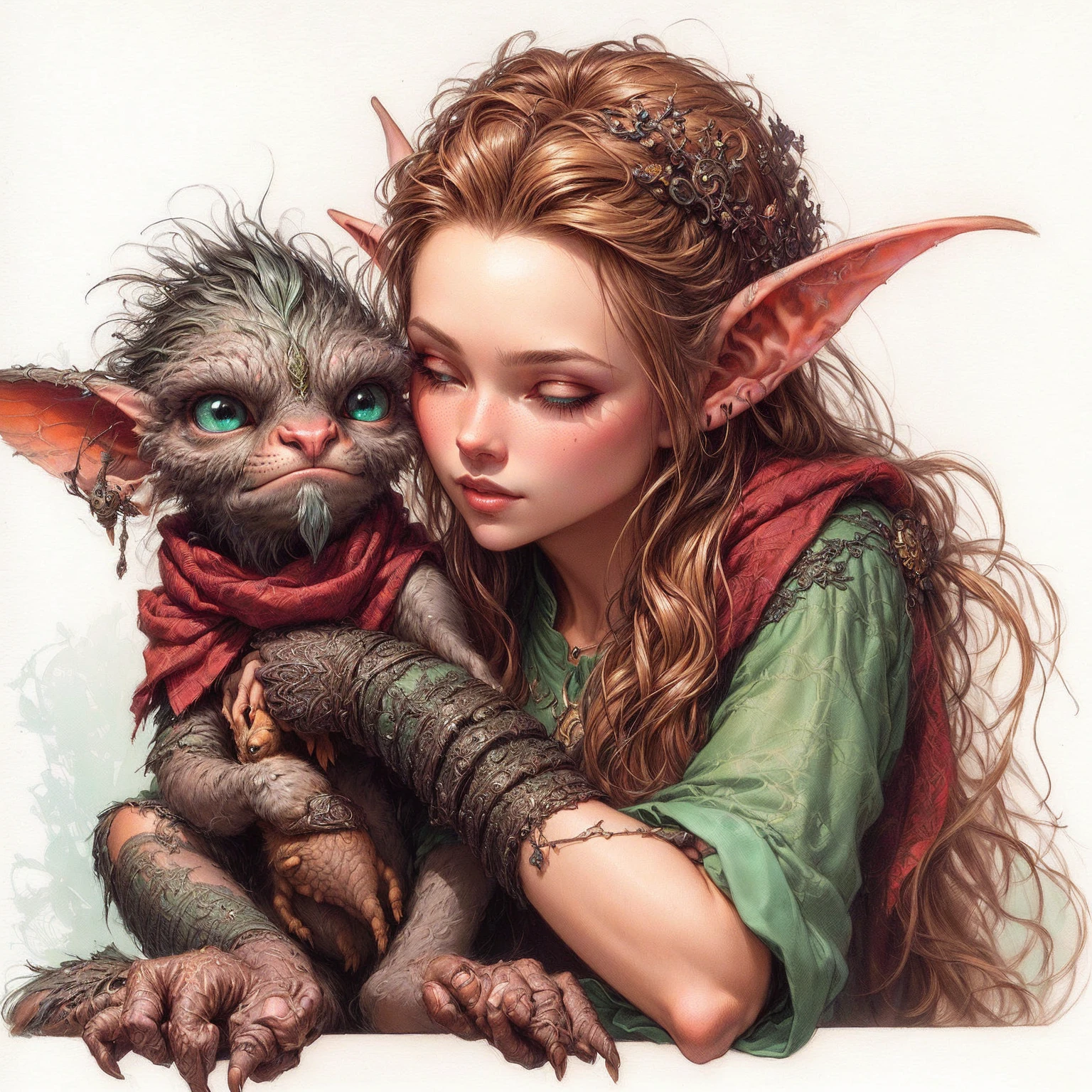 Arafed picture of a woman, holding a small creature, Artgerm und Brian Froud, Beeple und Jeremiah Ketner, von Tony DiTerlizzi, James Jean Marc Simonetti, karol bak and peter mohrbacher, artgerm and grek rutkowski, Portrait of an elf, Goblin Art, von Todd Lockwood