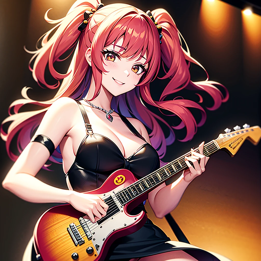Princess in Cowgirl Style Fashion, Princess of Heavy Metal, Cherry Sunburst, V-Shaped Guitar, Sassy Young Lady Guitarist Click Posing with wry smile, Uprising Her Guitar