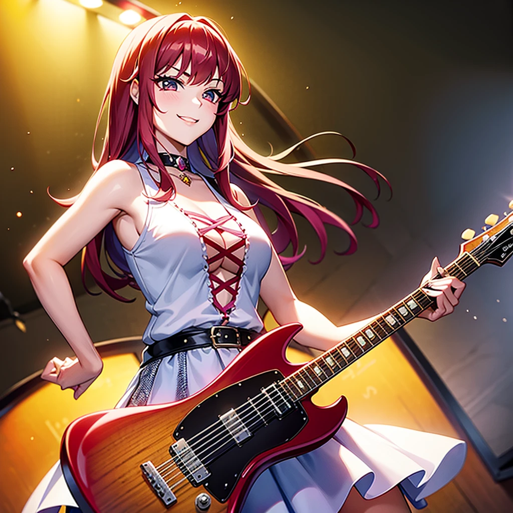 Princess in Cowgirl Style Fashion, Princess of Heavy Metal, Cherry Sunburst, V-Shaped Guitar, Sassy Young Lady Guitarist Click Posing with wry smile, Uprising Her Guitar