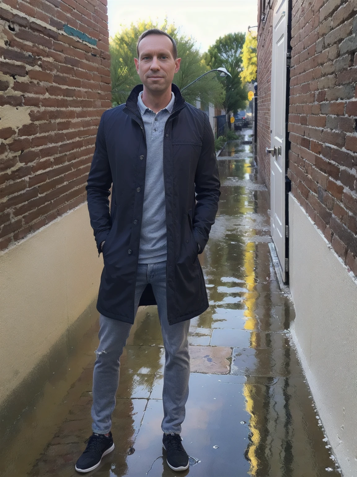 (highres,masterpiece:1.2), ultra-detailed, realistic:1.37, HDR, man ,solo, Todder8 Todder1 in the street with french coat,painted brick walls,wet cobblestone pavement,lively city atmosphere,vibrant colors,soft golden light,cool blue tones