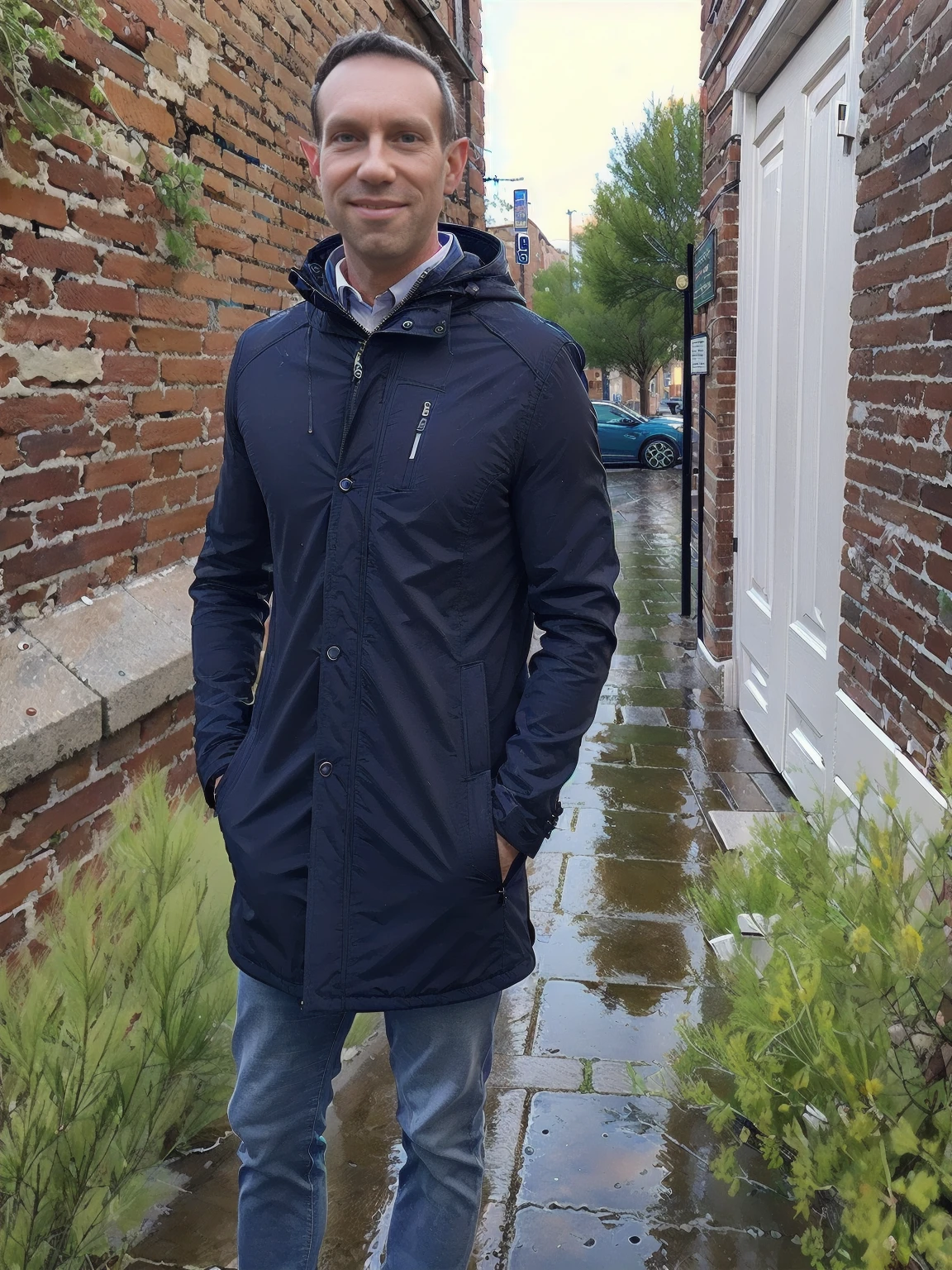 (highres,masterpiece:1.2), ultra-detailed, realistic:1.37, HDR, man ,solo, Todder8 Todder1 in the street with french coat,painted brick walls,wet cobblestone pavement,lively city atmosphere,vibrant colors,soft golden light,cool blue tones