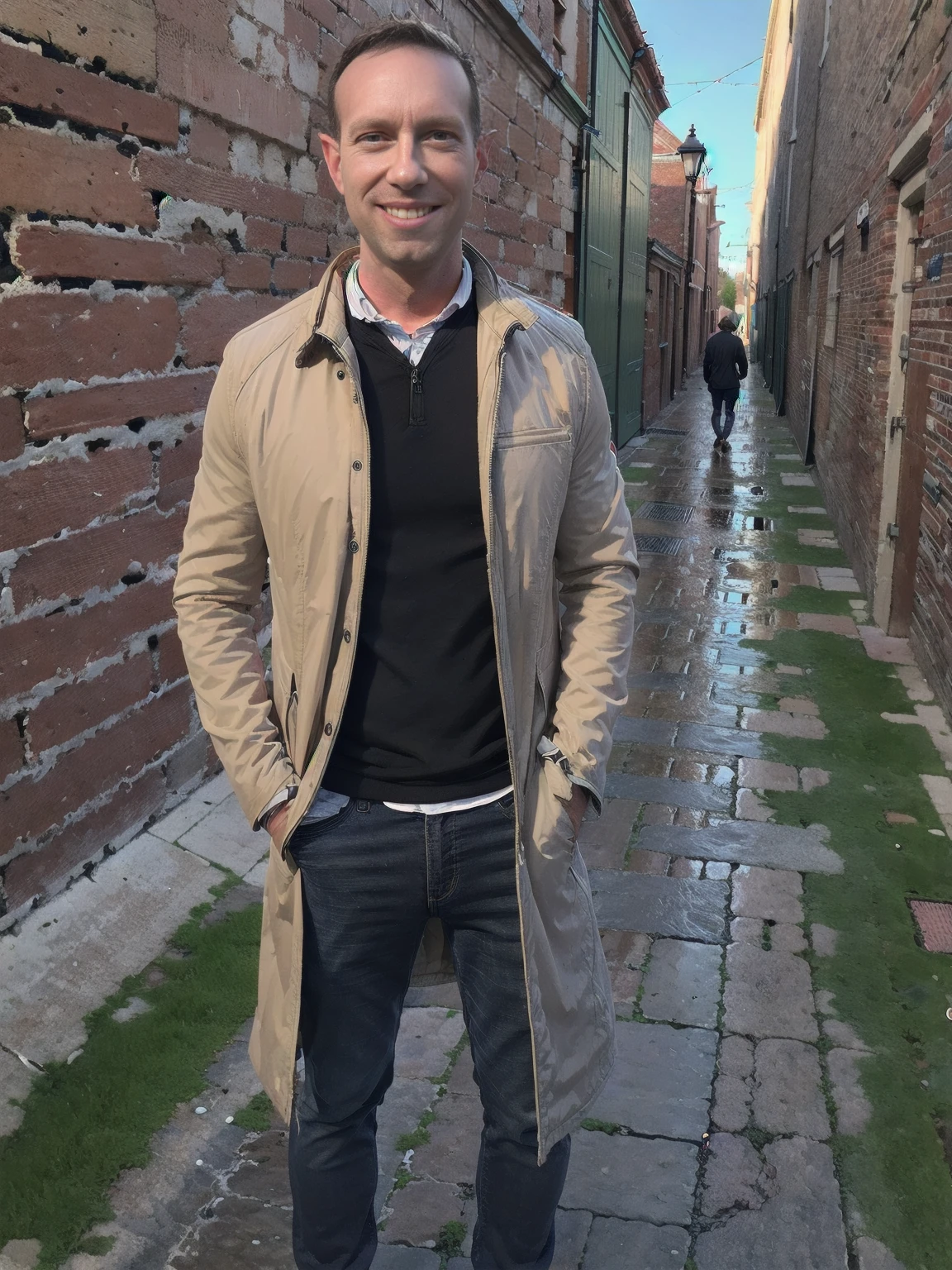 (highres,masterpiece:1.2), ultra-detailed, realistic:1.37, HDR, man ,solo, Todder8 Todder1 in the street with french coat,painted brick walls,wet cobblestone pavement,lively city atmosphere,vibrant colors,soft golden light,cool blue tones