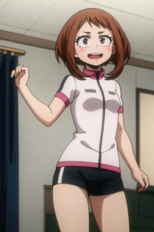 ((Highest quality)), ((masterpiece)), (be familiar with), Perfect Face, indoor, Bedroom, Watching the audience,
One woman, Ochaco Uraraka,
Open Mouth, Ecstatic expression, blush, smile,
Small breasts, Flat Chest, Young Girl, , , Girl,
Short Hair, Bob Hair,
Gym suit, White short sleeves, Black shorts, Leg spread,