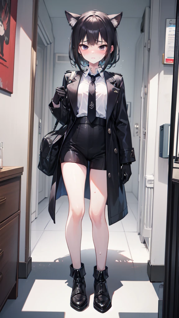 Woman in black suit、black suits、Black Slim Skirt、Blonde Shorthair、Black pantyhose、emerald eyes、bluntness、red blush、Beautiful fingertips、On the train、pussy juice、no panties,pussy juice,pussy、Standing、Shot from below