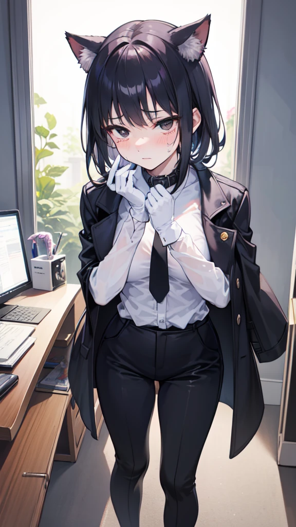 18-year-old girl，cute，Wear a white long-sleeved shirt and a black jacket and a black work tie，Wear black trousers，Wear black booties，Wear white gloves，wear cat ear，Wearing a collar，Black hair，Black eyes，Very thin waist，Very thin legs，Handsome，Disdainful and cold expression，shy，blush，scared，Sweating，tired，Outflow semen，Is giving sexual assault，Glove removal action，pornography，crying