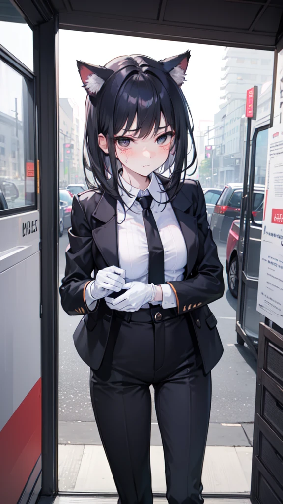 18-year-old girl,cute,Wear a white long-sleeved shirt and a black jacket and a black work tie,Wear black trousers,Wear black booties,Wear white gloves,wear cat ear,Wearing a collar,Black hair,Black eyes,Very thin waist,Very thin legs,Handsome,Disdainful and cold expression,shy,blush,scared,Sweating,tired,Outflow semen,Is giving sexual assault,Glove removal action,pornography,crying