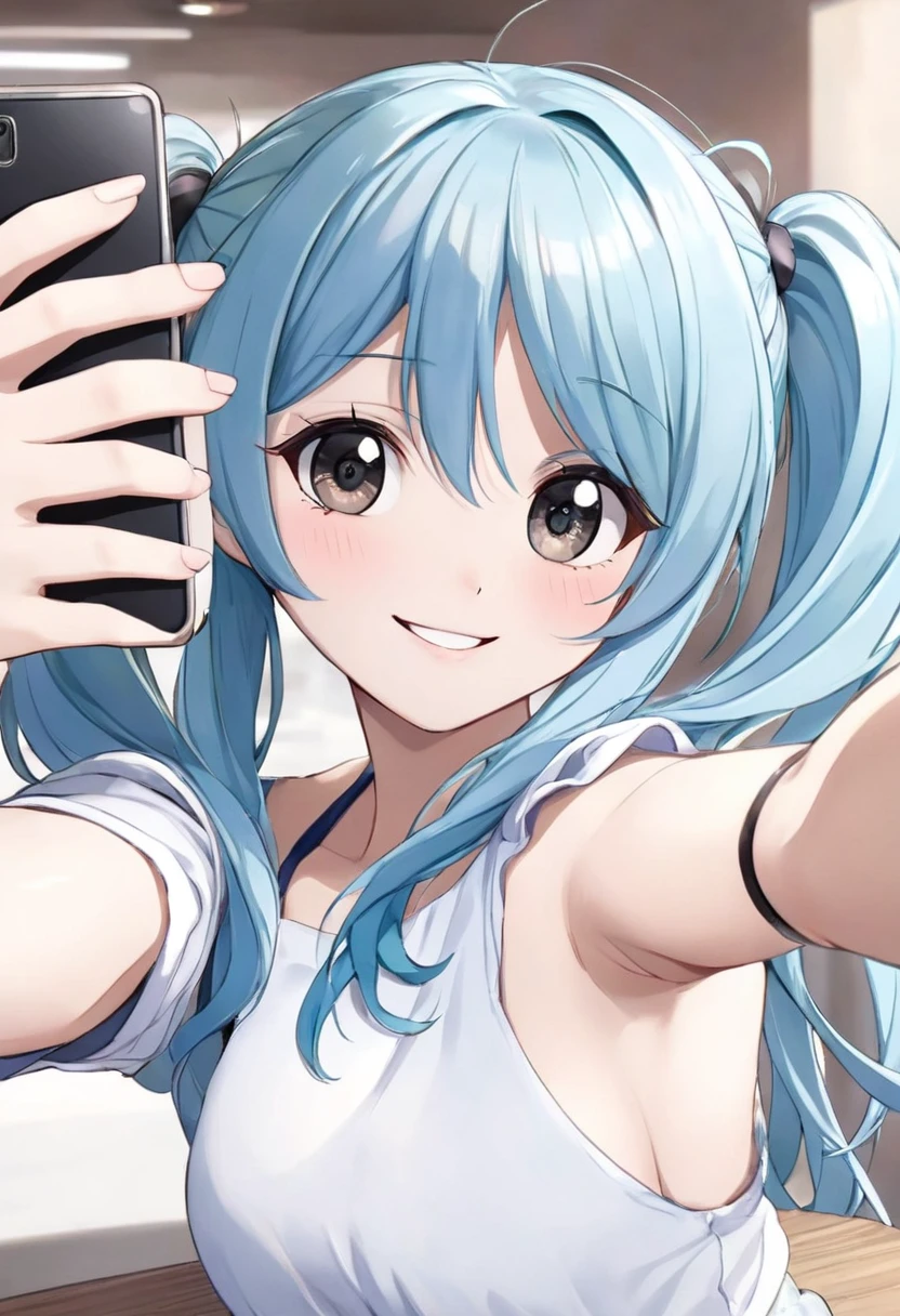 High quality 2D anime illustrations, Light blue hair、A -yeld giwith twin tails, Bright black eyes、Bright smile。Taking a selfie with your smartphone. Her face is bright、Be enthusiastic, Capture the joy of sharing your fun moments online. She has a cell phone, Take a selfie and post it, A casual background, Daily Settings, Like her room or cafe. The outfit is trendy、White is her favorite color., It reflects her stylish and sociable personality.. This scene、Her connection to the online community and、It depicts the love of sharing experiences.。.