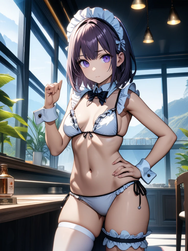 ((32k)), ((best quality)), ((ultra high res)), ((HDR)), ((UHD)), ((extremely detailed CG)), ((unity 32k wallpaper)), closed mouth, standing, purple eyes, swimsuit, bikini, thighs, cowboy shot, frills, indoors, hand up, stomach, white thighhighs, hand on hip, wrist cuffs, maid, maid headdress, bare arms, skindentation, detached collar, side-tie bikini bottom, white bikini, single thighhigh, string bikini, frilled bikini, bridal garter, maid bikini, 