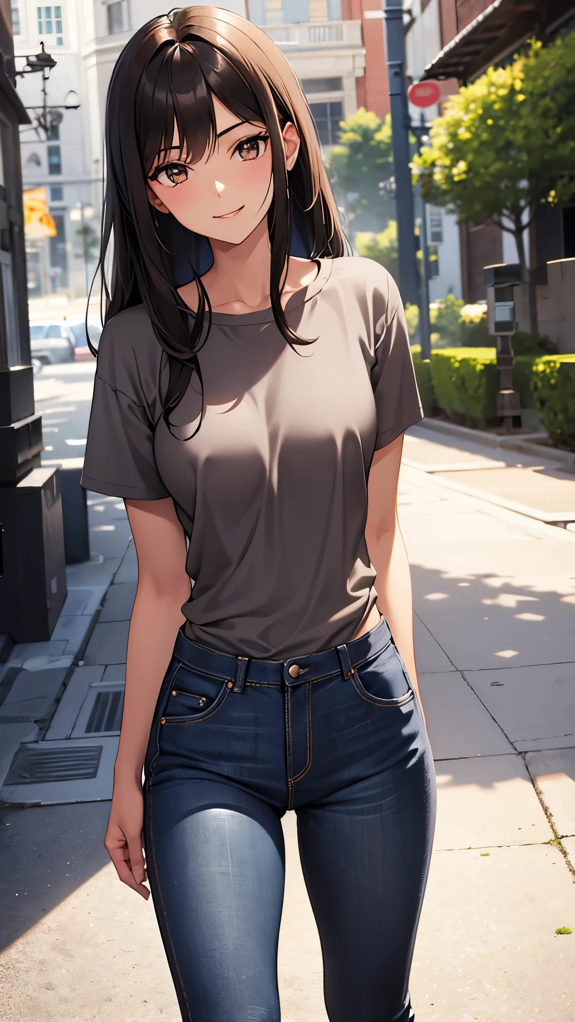 She was dark and thin, wearing jeans and a gray t-shirt.. dark brown hair. Smile.brown skin