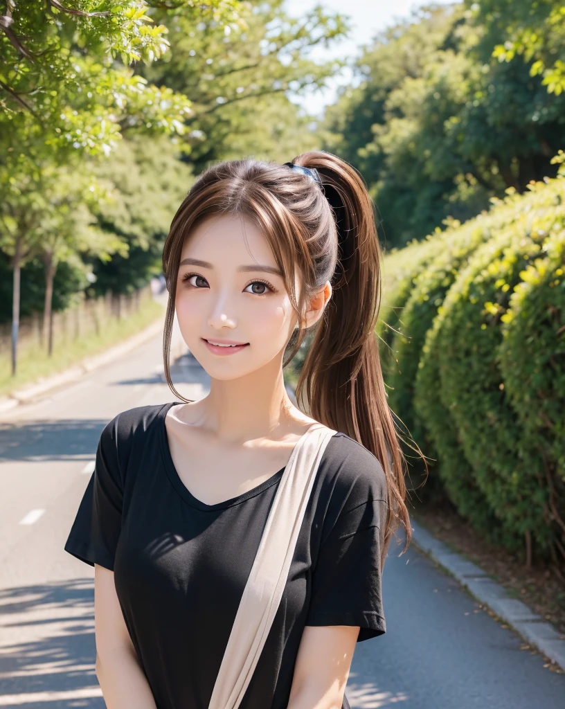 (Highest quality, 32k, High resolution, Masterpiece:1.5, ), marimo_jet, god々A photograph with brilliant dazzling and healing power., Evoking a sense of calm and elusive beauty, Expressing emotions, Have a rich imagination, The road to the horizon, Nostalgic scenery of youth, Beautiful Japanese Girls, An exceptionally beautiful face, Small Face Beauty, Perfect Human Anatomy, Magical big eyes, Motherhood and generosity, Deep Love, fleeting smile, ((Shiny brown hair:1.1)), ((A beautiful ponytail swaying in the wind)), Asymmetrical bangs, Hair between the eyes, Transparent, soft white skin, Sharp eyebrows, Thin lashes, Natural Makeup, Cheek highlighter, Pale pink detailed lips, (Black T-shirt:1.3), ((High resolutionの美しい太もも, Beautiful legs), ((Karst Earth)), Beautifully detailed skies, Professional Photographer, Professional Lighting, Professional Model