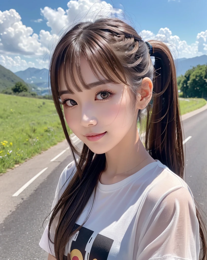 (Highest quality, 32k, High resolution, Masterpiece:1.5, ), marimo_jet, god々A photograph with brilliant dazzling and healing power., Evoking a sense of calm and elusive beauty, Expressing emotions, Have a rich imagination, The road to the horizon, Nostalgic scenery of youth, Beautiful Japanese Girls, An exceptionally beautiful face, Small Face Beauty, Perfect Human Anatomy, Magical big eyes, Motherhood and generosity, Deep Love, fleeting smile, ((Shiny brown hair:1.1)), ((A beautiful ponytail swaying in the wind)), Asymmetrical bangs, Hair between the eyes, Transparent, soft white skin, Sharp eyebrows, Thin lashes, Natural Makeup, Cheek highlighter, Pale pink detailed lips, (Black T-shirt:1.3), ((High resolutionの美しい太もも, Beautiful legs), ((Narrow country road)), Beautifully detailed skies, Professional Photographer, Professional Lighting, Professional Model
