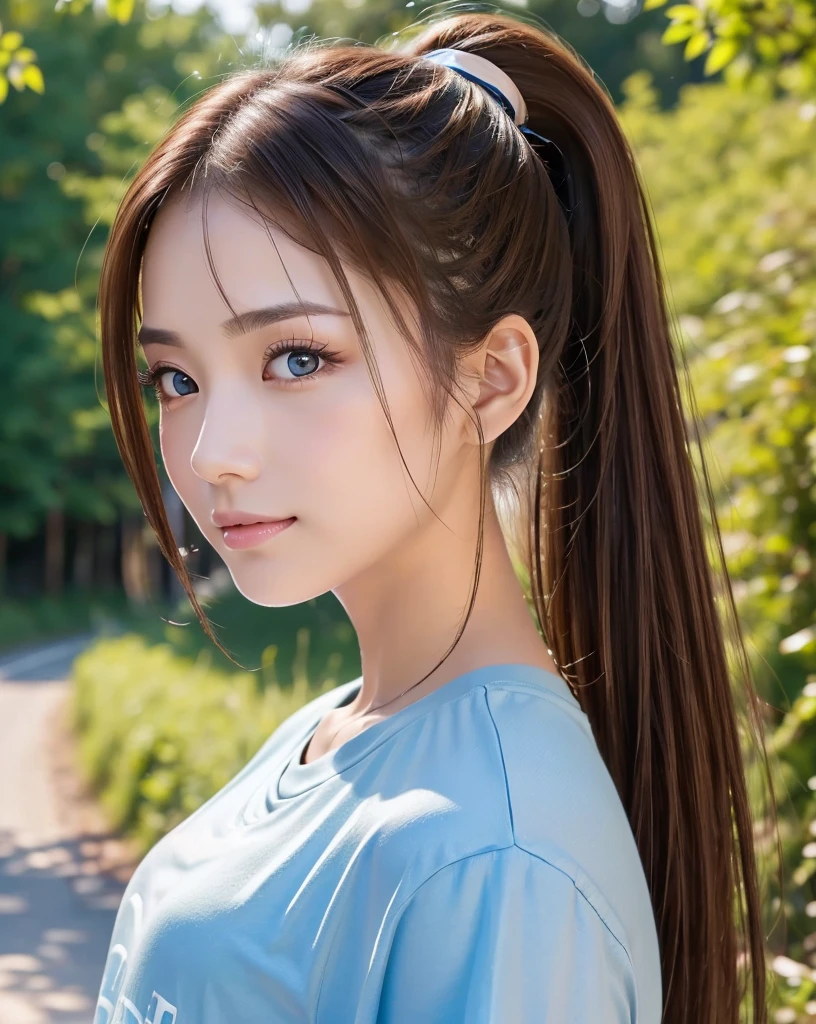 (Highest quality, 32k, High resolution, Masterpiece:1.5, ), marimo_jet, god々A photograph with brilliant dazzling and healing power., Evoking a sense of calm and elusive beauty, Expressing emotions, Have a rich imagination, The road to the horizon, Nostalgic scenery of youth, Beautiful Japanese Girls, An exceptionally beautiful face, Small Face Beauty, Perfect Human Anatomy, Magical big eyes, Motherhood and generosity, Deep Love, fleeting smile, ((Shiny brown hair:1.1)), ((A beautiful ponytail swaying in the wind)), Asymmetrical bangs, Hair between the eyes, Transparent, soft white skin, Sharp eyebrows, Thin lashes, Natural Makeup, Cheek highlighter, Pale pink detailed lips, (Blue T-shirt:1.3), ((High resolutionの美しい太もも, Beautiful legs), ((Narrow country road)), Beautifully detailed skies, Professional Photographer, Professional Lighting, Professional Model