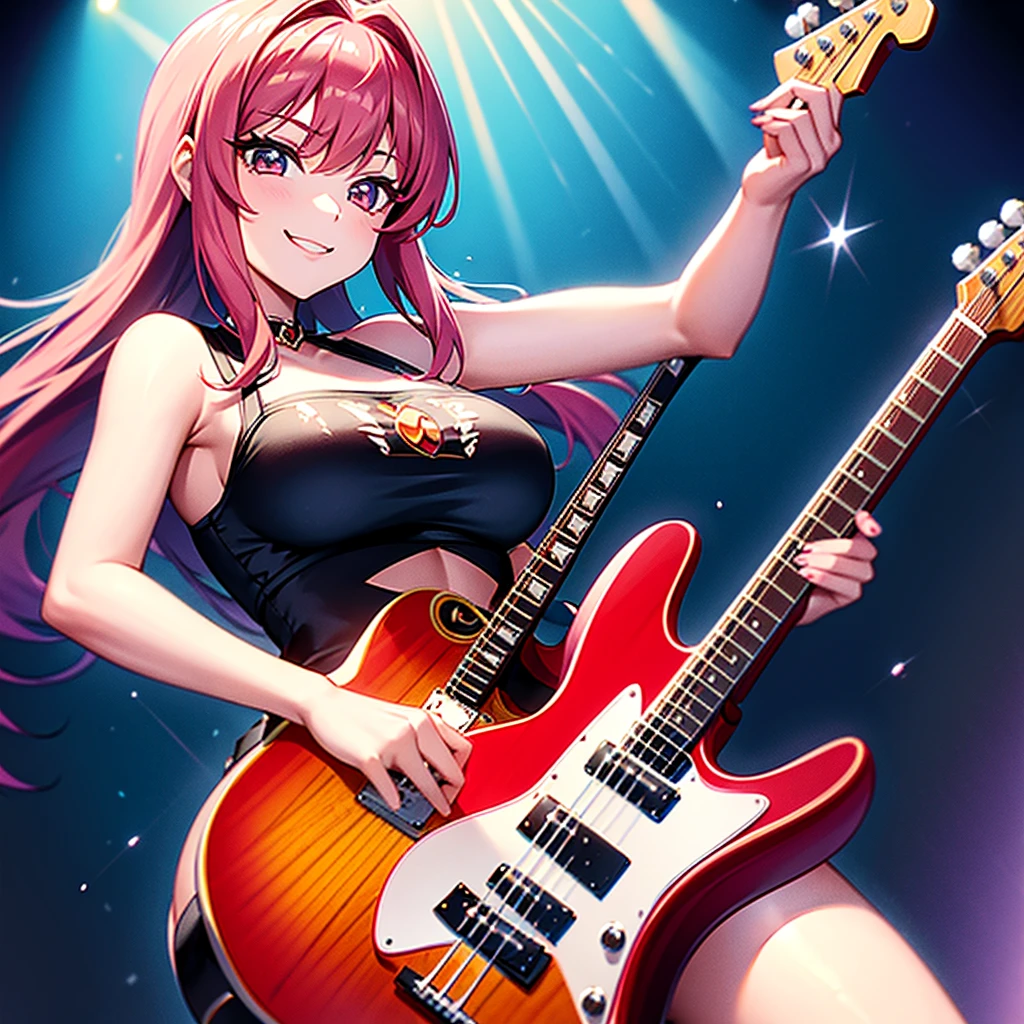 Princess in Cowgirl Style Fashion, Princess of Heavy Metal, Cherry Sunburst, V-Shaped Guitar, Sassy Young Lady Guitarist Click Posing with wry smile, Uprising Her Guitar