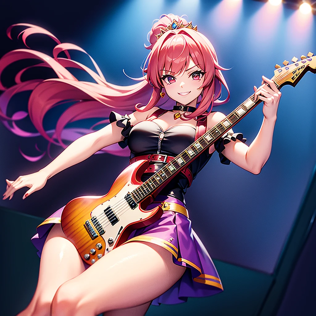 flying guitar burns, Princess of Heavy Metal, Cherry Sunburst, V-Shaped Guitar, Sassy Young Lady Guitarist Click Posing with wry smile, Uprising Her Guitar