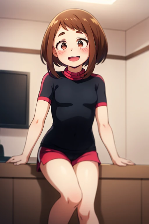 ((Highest quality)), ((masterpiece)), (be familiar with), Perfect Face, indoor, Bedroom, Watching the audience,
One woman, Ochaco Uraraka,
Open Mouth, Ecstatic expression, blush, smile,
Small breasts, Flat Chest, Young Girl, , , Girl,
Short Hair, Bob Hair,
Gym suit, White short sleeves, Black shorts, Leg spread,