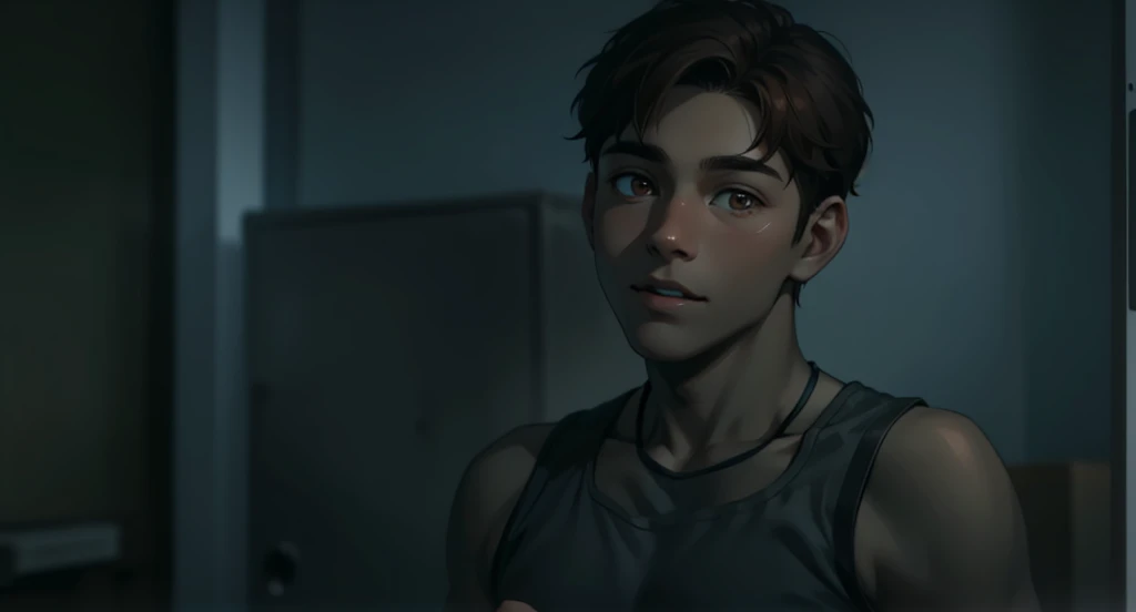 There is a 17-year-old boy with brown hair, brown eyes, and he is talking to someone.