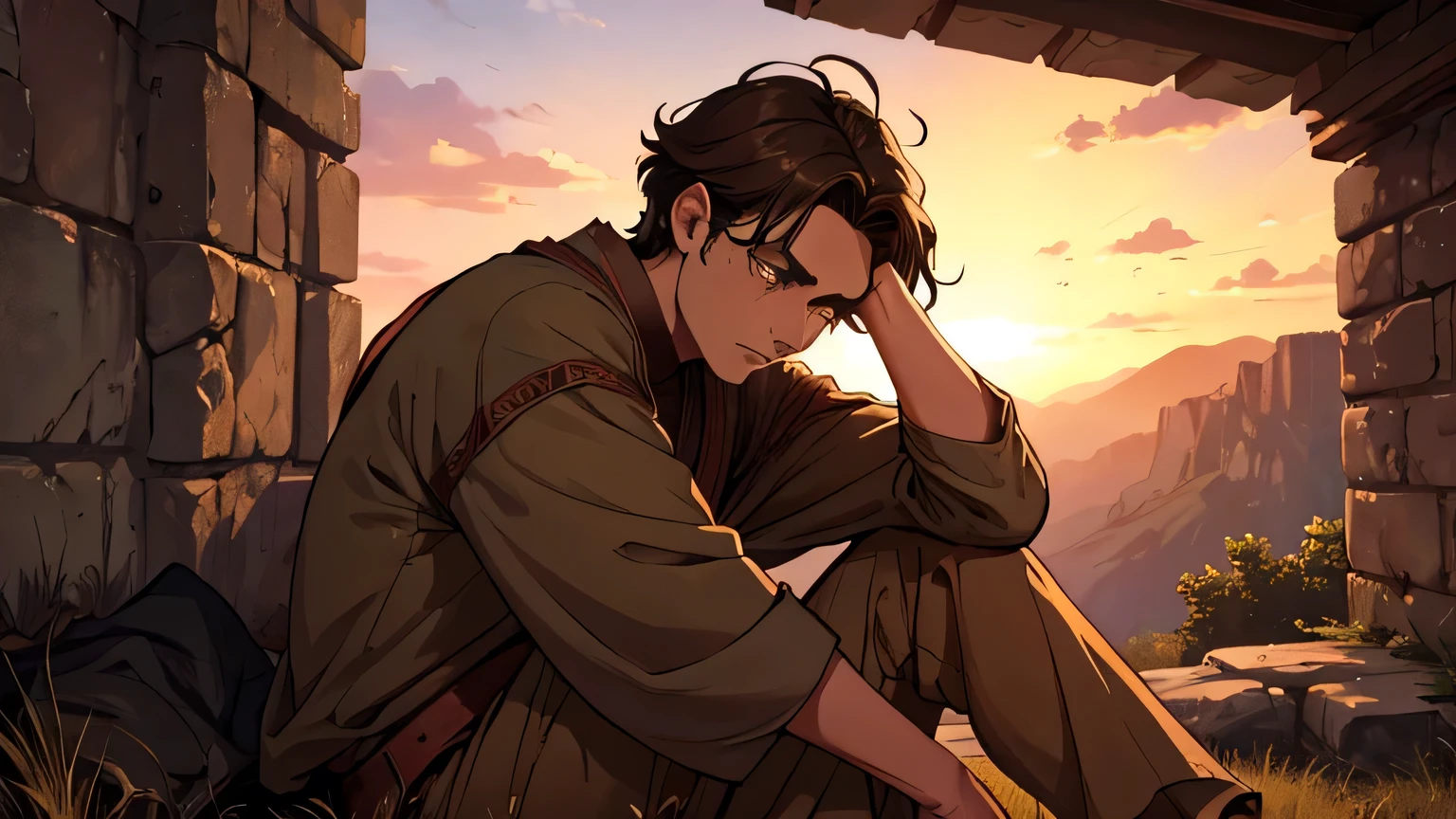 Prophet Joel, young man with short dark brown hair and ancient poor clothes from the 1st century BC, dark brown, light brown eyes, 25 years old. sad and crying sitting on a hill at sunset