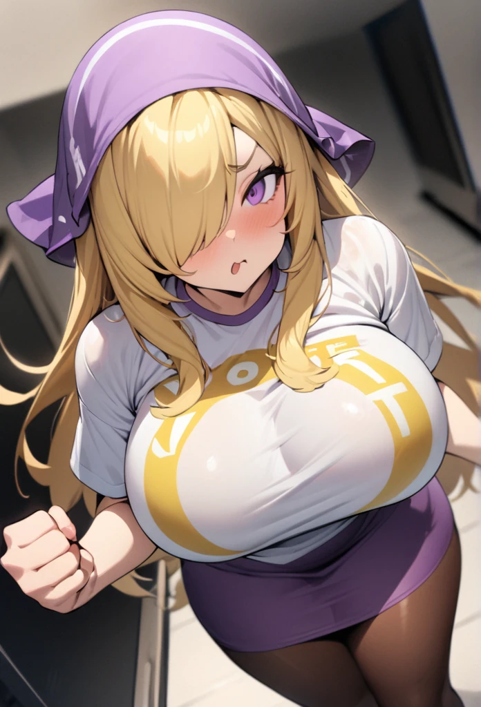 ((Best Quality)), ((Masterpiece)), (detailed), 1 girl, Pastel yellow hair, long hair, hair covers one eye, purple eyes, big breasts, big thighs, , white vote t-shirt, purple skirt, brown pantyhose, pouting, expwctativa arrives, clenching fists, trying to get the viewer's attention, at home