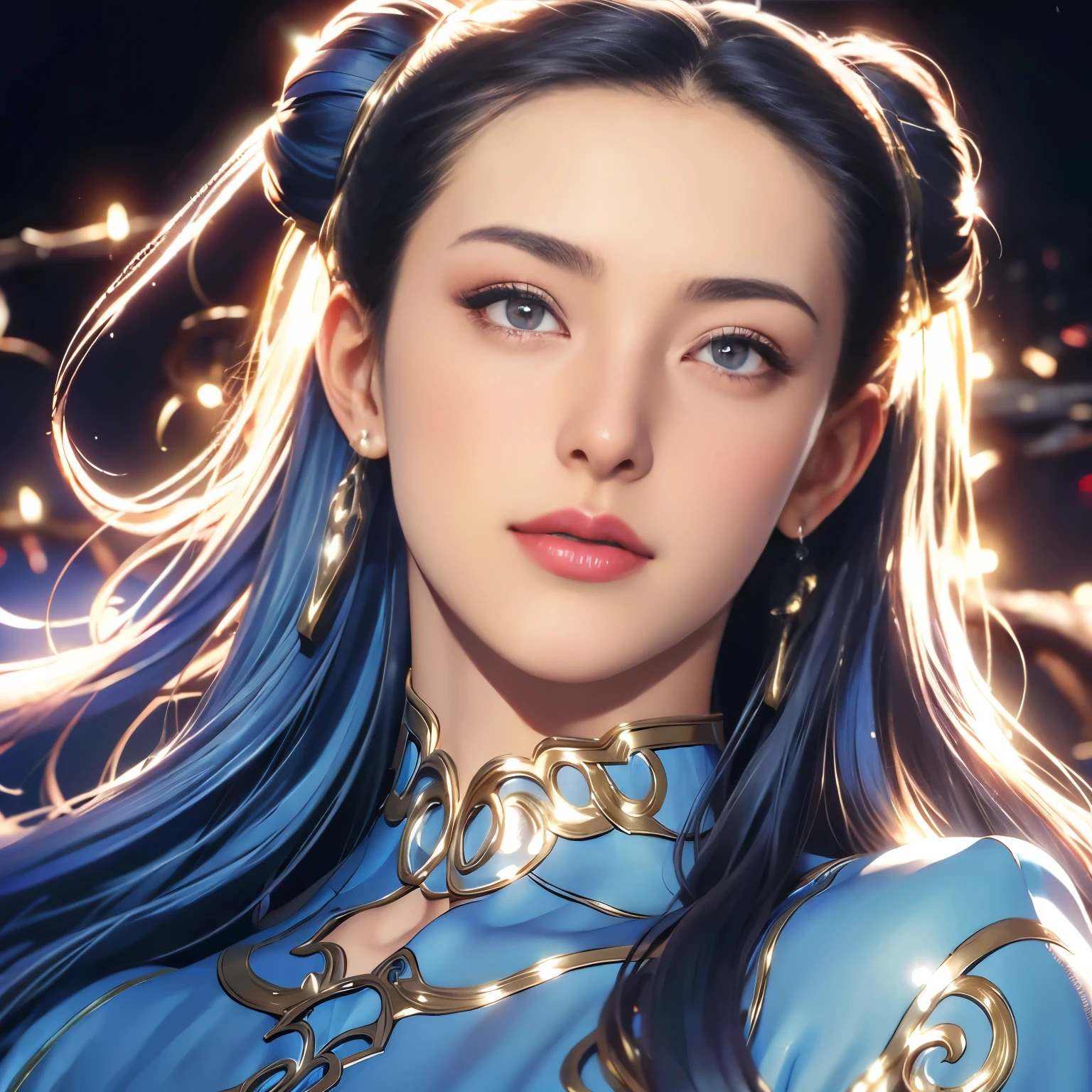 Woman, long curly hair, black hair, blue masterpiece, best quality, (extremely detailed CG unity 8k wallpaper, masterpiece, best quality, ultra-detailed ), (detailed background), (beautiful detailed face, beautiful detailed eyes), (best illumination, an extremely delicate and beautiful),1girl, ((caustic)), dynamic angle,beautiful detailed glow,full body, , looking Chun-Li, , medium breast, show nipples, show vagina, open legs:1.5.