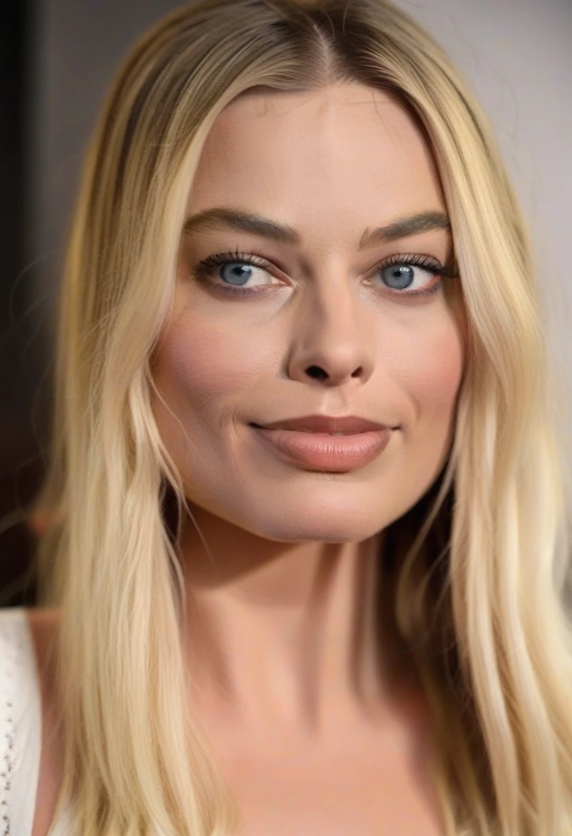 MargotRobbie with long blonde hair posing for a portrait, smiling, white skin, blue eyes, Attractive beautiful face, (details on perfect nose and face) Beautiful attractive face, Beautiful face and flawless skin, Photo of a beautiful woman, Beautiful woman face, beautiful delicate face, Perfect face), Beautiful perfect face, Beautiful features of a fine face, Attractive female face!!!, Portrait, Close-up of the perfect face, Perfect face model, white lingerie, modern lingerie, beautiful buttocks.