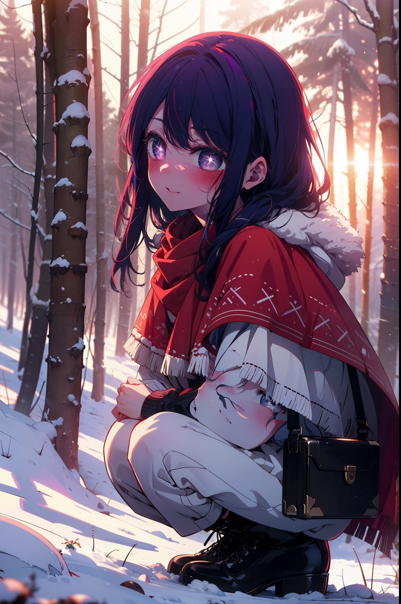 aihoshino, Ai Hoshino, Long Hair, bangs, (Purple eyes:1.1), Purple Hair, (Symbol-shaped pupil:1.5), smile,,smile,blush,White Breath,
Open your mouth,snow,Ground bonfire, Outdoor, boots, snowing, From the side, wood, suitcase, Cape, Blurred, , forest, White handbag, nature, Squat, Mouth closed, Cape, winter, Written boundary depth, Black shoes, red Cape break looking at viewer, Upper Body, whole body, break Outdoor, forest, nature, break (masterpiece:1.2), Highest quality, High resolution, unity 8k wallpaper, (shape:0.8), (Beautiful and beautiful eyes:1.6), Highly detailed face, Perfect lighting, Highly detailed CG, (Perfect hands, Perfect Anatomy),
