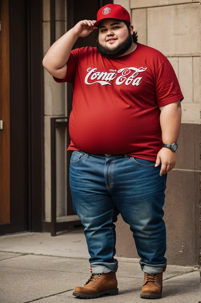 A chubby fat person in a red Tommy Hilfiger shirt,Levis pants,Timberland boots and a cap that says Coca Cola brown hair the person of color güera