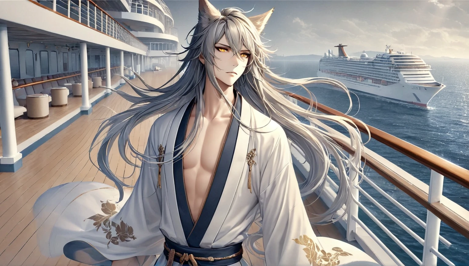 ((Highest quality)), ((masterpiece)), (detailed), ((Perfect Face))、Miyabi,male, length, Flowing silver hair and delicate strands.
sharp, sharp golden eyes. Has fox ears on top of his head.
Serious and a little mysterious.Pale and smooth.
She is wearing a robe with a slightly open chest., Revealing part of her toned upper body.
The characters exude elegance and strength., Has a calm and mysterious feel. The lighting accentuates his facial features and the texture of his hair., create software, An almost ethereal glow.、He came to pick me up in the rain with an umbrella.