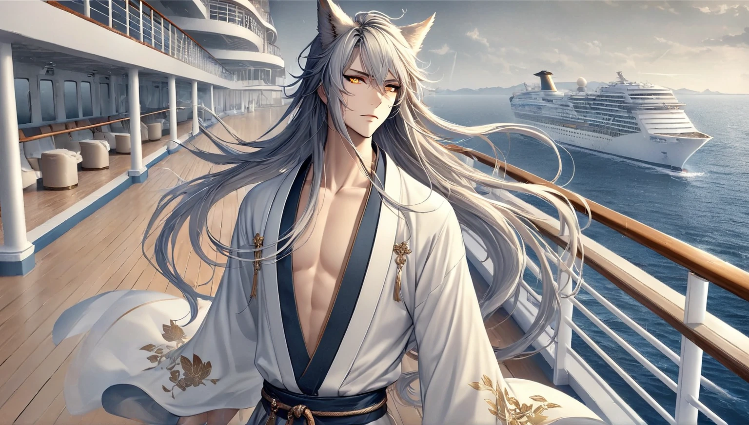 ((Highest quality)), ((masterpiece)), (detailed), ((Perfect Face))、Miyabi,male, length, Flowing silver hair and delicate strands.
sharp, sharp golden eyes. Has fox ears on top of his head.
Serious and a little mysterious.Pale and smooth.
She is wearing a robe with a slightly open chest., Revealing part of her toned upper body.
The characters exude elegance and strength., Has a calm and mysterious feel. The lighting accentuates his facial features and the texture of his hair., create software, An almost ethereal glow.、He came to pick me up in the rain with an umbrella.