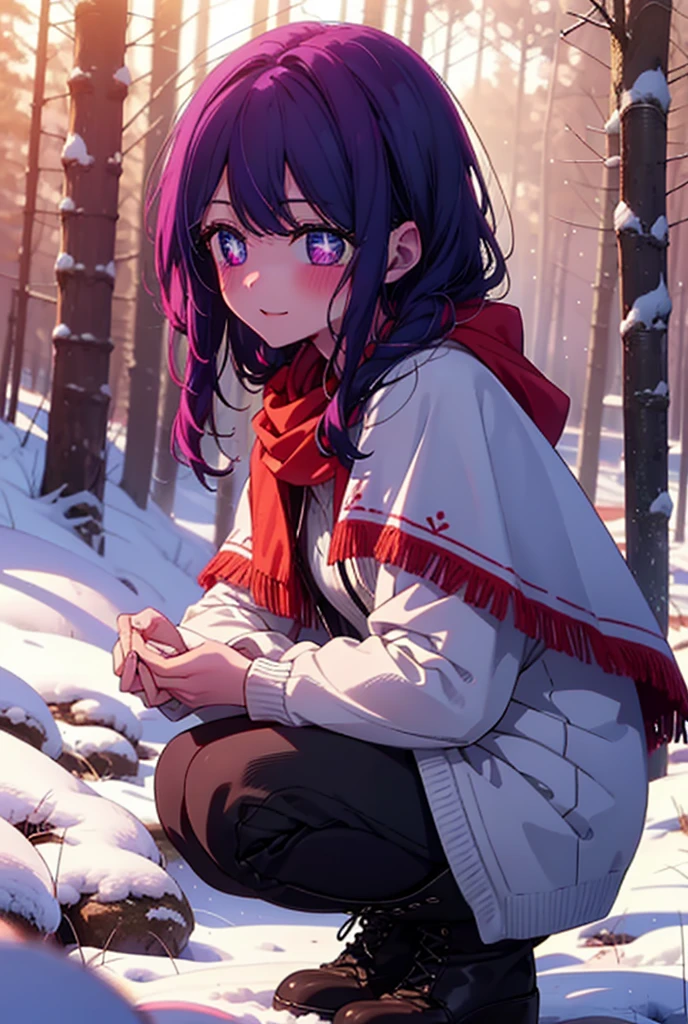 aihoshino, Ai Hoshino, Long Hair, bangs, (Purple eyes:1.1), Purple Hair, (Symbol-shaped pupil:1.5), smile,,smile,blush,White Breath,
Open your mouth,snow,Ground bonfire, Outdoor, boots, snowing, From the side, wood, suitcase, Cape, Blurred, , forest, White handbag, nature, Squat, Mouth closed, Cape, winter, Written boundary depth, Black shoes, red Cape break looking at viewer, Upper Body, whole body, break Outdoor, forest, nature, break (masterpiece:1.2), Highest quality, High resolution, unity 8k wallpaper, (shape:0.8), (Beautiful and beautiful eyes:1.6), Highly detailed face, Perfect lighting, Highly detailed CG, (Perfect hands, Perfect Anatomy),