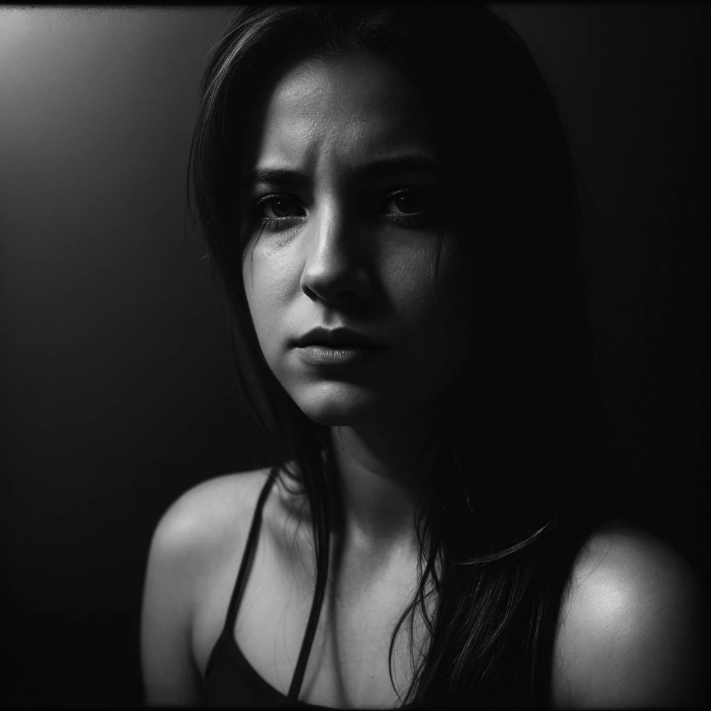 a woman with a tear on her face and a black background, inspired by casey baugh, light falling on face, by casey baugh, stars in her gazing eyes, inspired by Roy DeCarava, noir photorealism, mysterious portrait of a woman, inspired by Anna Füssli, chiaroscuro portrait, grainy black and white photo