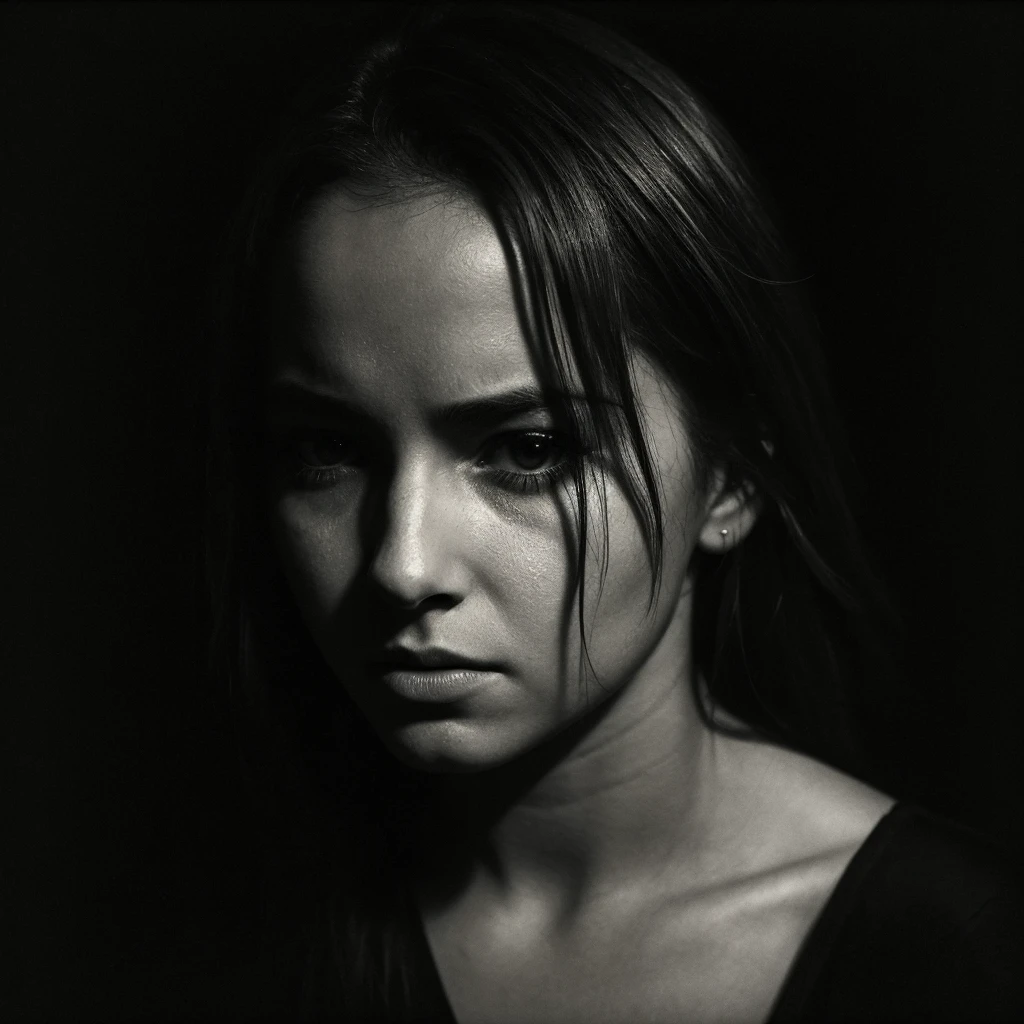 a woman with a tear on her face and a black background, inspired by casey baugh, light falling on face, by casey baugh, stars in her gazing eyes, inspired by Roy DeCarava, noir photorealism, mysterious portrait of a woman, inspired by Anna Füssli, chiaroscuro portrait, grainy black and white photo