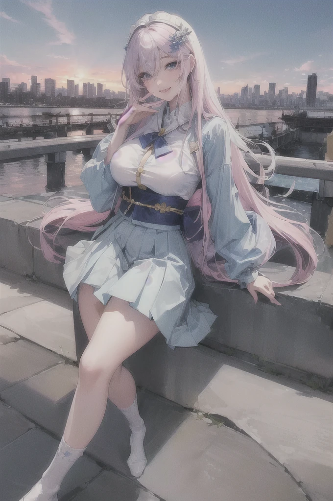 official art, masterpiece, sharp focus, (beautiful gorgeous cute Korean woman:1.3), (beautiful cute korean:1.3), korean beauty, Delicate and beautiful hair and eyes and face, realistic, ultra detailed, beautiful girl, blue sky, glow white particle, (sidelighting:1.2), sun light, white cloud, detailed clouds, slender, Lovely very large breasts and very large hips, smile with teeth, ((smile with eyes, open both eyes)), scenery, long straight hair, sexy facial expression, building, (cityscape:1.7), dynamic hair, long straight hair, detailed platinum pink hair, glow blue eyes, (blue pleated shirts + white skirt), white long socks, pale skin, hair ornament, epic scenery,