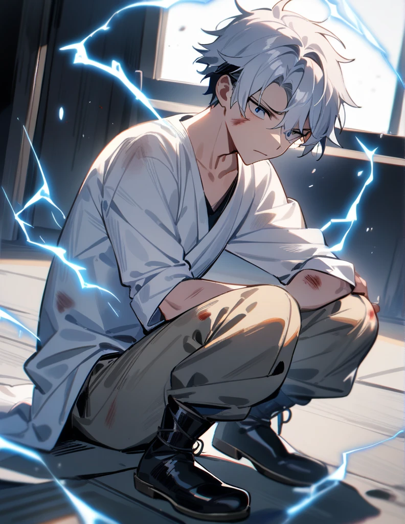 1 young, male focus, injury,
white shirt, loose pants, traditional Chinese shoes electricity,, masterpiece, best quality, very aesthetic, absurdres
