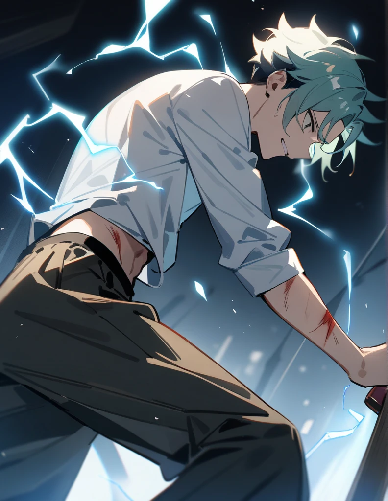 1boy young, male focus, injury,
white shirt, loose pants, traditional Chinese shoes electricity,, masterpiece, best quality, very aesthetic, absurdres