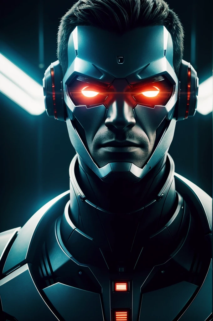 Intensely the film, a captivating poster. The composition exudes cinematic lighting and color gradation. Show the face of a Cyborg man, half of the face of a man and half of the face of a robot. With a futuristic atmosphere, with flashy lights.