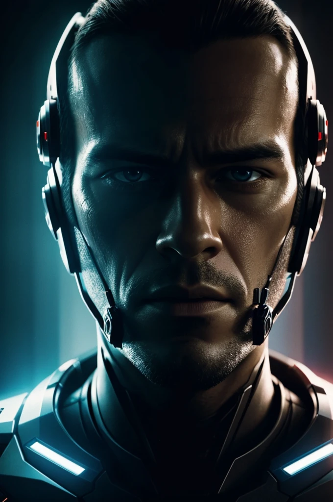 An ultra-realistic cyborg with exposed parts of circuits and chips, a cybernetic eye, and a head drawn with metallic materials is in a post-apocalyptic world. The environment is incredibly realistic in a high-quality CGI format, with 4k resolution.