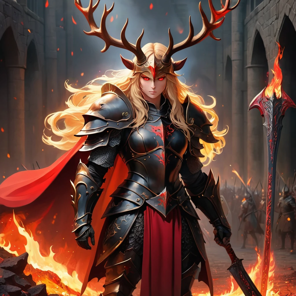 Masterpiece, exquisite and detailed, 8k, high resolution, merdieval fantasy, warrior, long blonde hair, light red eyes, muscular body, helmet with horns, black armor with red cape, carving of a red deer on the breastplate of the armor, standing with the flaming sword stuck on the ground, chaotic dungeon with blood scattered and fire
