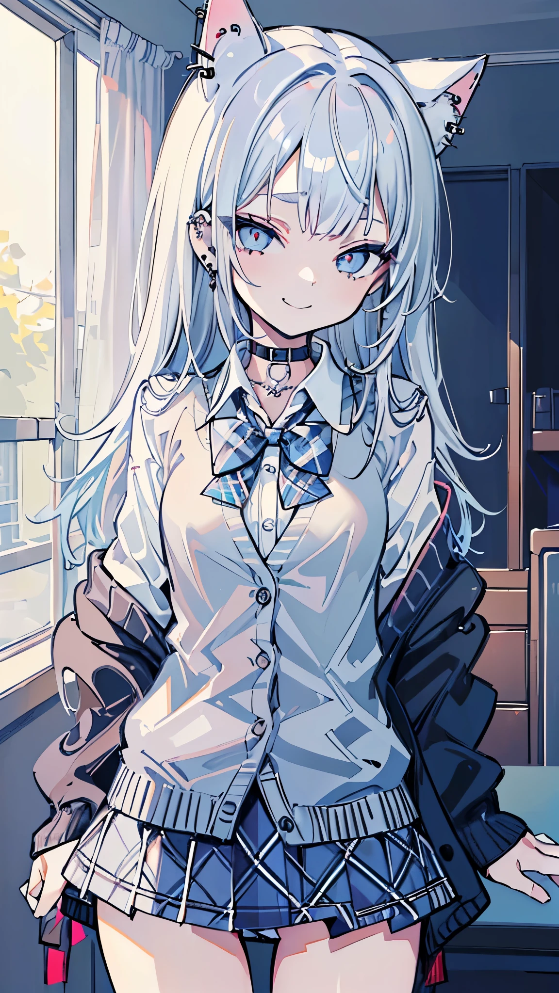 (masterpiece、Highest quality、Very detailed))、One girl、Black Hair、Long Hair、straight、Grey Eyes、evil smile、Cat ear、((lots of piercings))、((Small breasts))、White brim、((White shirt))、A bow tie、((cardigan))、((light blue Plaid miniskirt:1.3))、Cowboy Shot、Bedroom Background