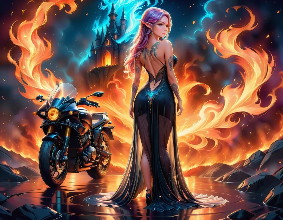 Arafed, Dark fantasy art, fantasy art, goth art, a picture of a of a tattooed female elf near her motorcycle (masterwork, best detailed, ultra detail: 1.5) the tattoo is vivid, intricate detailed coming to life from the ink to real life, GlowingRunesAI_paleblue, ((fire surrounds the motorcycle: 1.5)), ultra feminine, ((beautiful delicate face)), Ultra Detailed Face, small pointed ears, dynamic angle, ((the back is visible: 1.3), she wears a transparent black dress, the dress is elegant, flowing, elven style, that the tattoos glow, dynamic hair color, dynamic hair style, high details, best quality, 16k, [ultra detailed], masterpiece, best quality, (extremely detailed), dynamic angle, full body shot, faize, drkfntasy, Digital Painting, Intense gaze