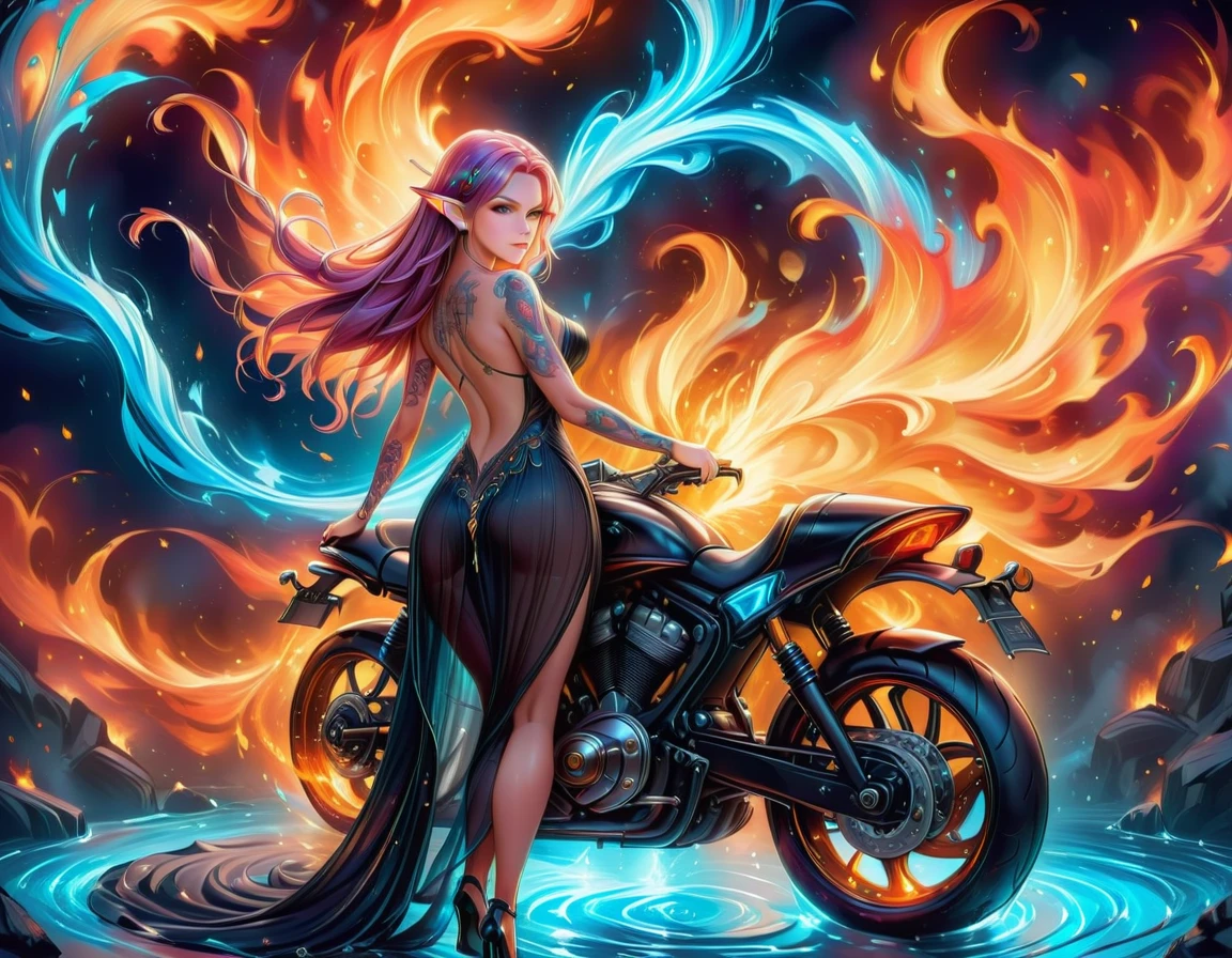 Arafed, Dark fantasy art, fantasy art, goth art, a picture of a of a tattooed female elf near her ((motorcycle: 1.5)) ((masterwork, best detailed, ultra detail: 1.5)) the tattoo is vivid, intricate detailed coming to life from the ink to real life, GlowingRunesAI_paleblue, ((fire surrounds the motorcycle: 1.5)), ultra feminine, ((beautiful delicate face)), Ultra Detailed Face, small pointed ears, dynamic angle, ((the back is visible: 1.3), she wears a transparent black dress, the dress is elegant, flowing, elven style, that the tattoos glow, dynamic hair color, dynamic hair style, high details, best quality, 16k, [ultra detailed], masterpiece, best quality, (extremely detailed), dynamic angle, full body shot, faize, drkfntasy, Digital Painting, Intense gaze