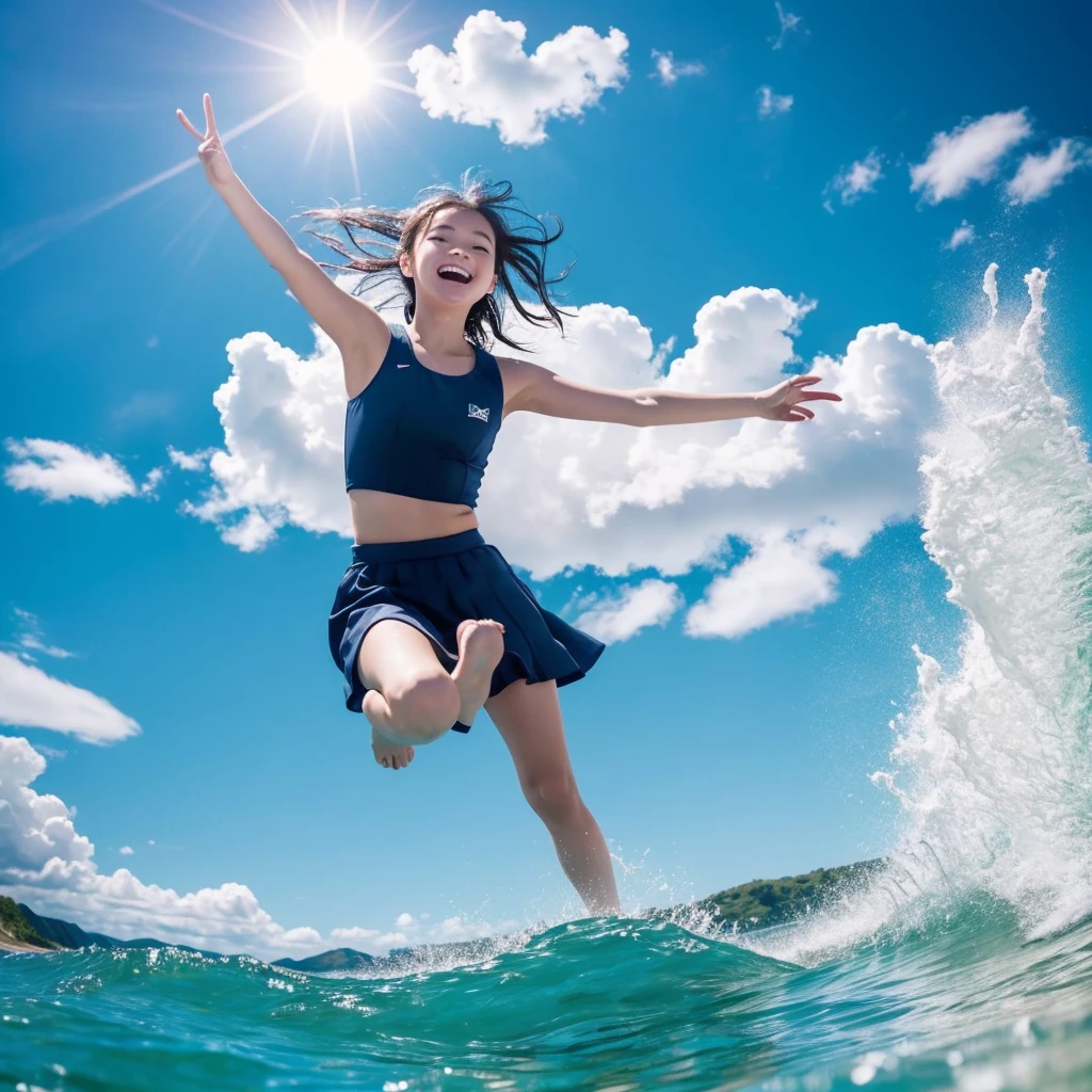 1girl,masterpiece, 12 years old;beautiful girl、8K quality, High definition, realistic pictures, professional writing, There is a woman jumping in the air from underwater to the sky., ((A pose that looks like dancing with the face facing upwards)), face upwards, dance in the air,artistic swimming, jump towards the viewer, jump towards viewer, she is floating in the air, jump into the air, jump on the audience, jump, jump with arms up, floating in the air, floating on the ground, Jump for joy, jump pose, horizontally jump!!!, wearing a sailor suit, high school girl,((Big wave crashing down)), ((Splashes of water splashing from the body)), Clear blue sky and white clouds, Sunlight flares