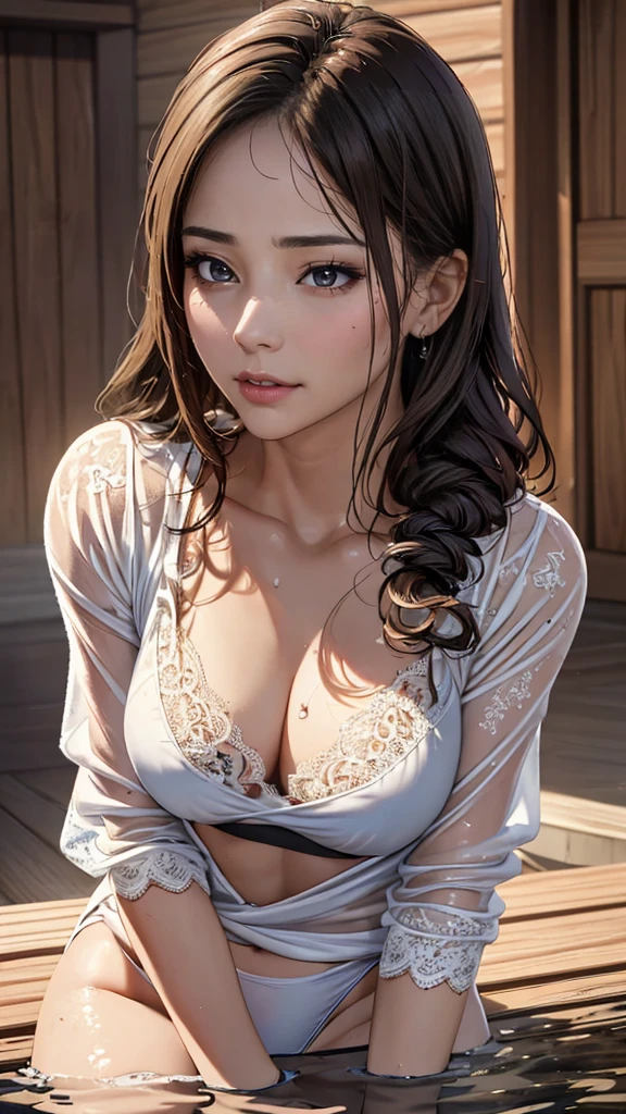 SAUNA,sitting,spread legs,(fellatio gesture),(floating in water),(soaked),(clothed:1.5),baggy t-shirt,(see through),lace swimsuit,(random porn pose),(Thin type:1.5),(large breasts),(random hairstyle:1.2),(Highest image quality, (8K), Ultra-realistic, Best Quality, High quality, High Definition, high quality texture, high detailing, Beautiful detailed, fine detailed, extremely details CG, Detailed texture, realistic representation of face, masterpiece, presence)