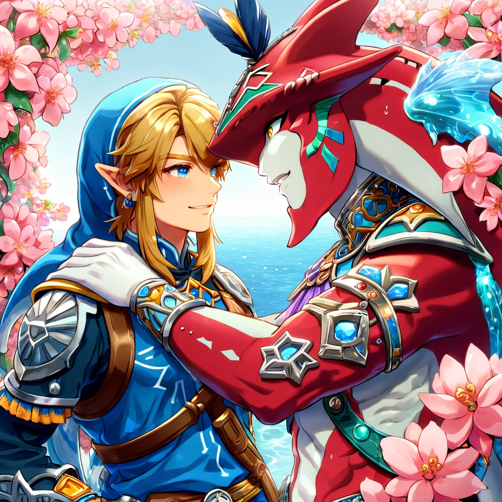 absurdres, highres, ultra detailed, HDR, master piece, best quality, perfect face, delicated features, red Zora, Sidon, expressive yellow eyes, The Legend Of Zelda Breath Of The Wild, Link, expressive blue eyes, blond hair, two sexy men hugging, smiling, blue tunic, prince clothes, gay couple, yaoi, handsome, zora domain, pink blossoms, pink flowers, water, fantasy