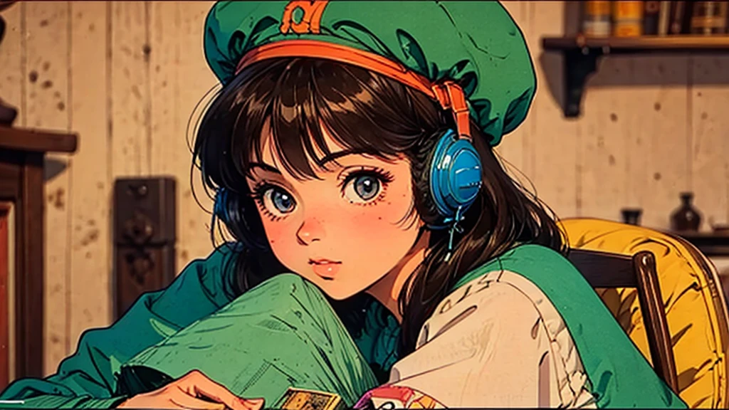 A girl, 80s anime style, retro, lo-fi, piercing, hat