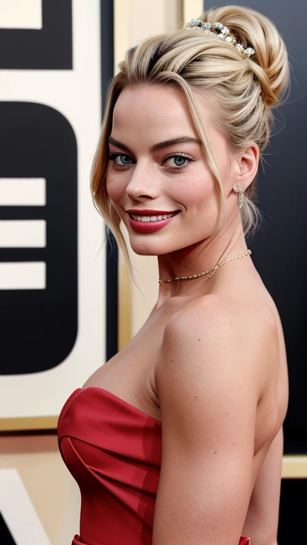 Margot Robbie with her hair up with painted lips dressed in glamorous clothes with a smile