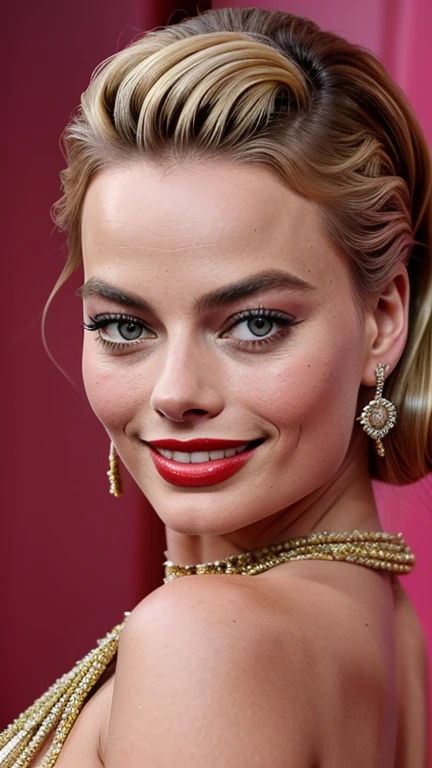 Margot Robbie with her hair up with painted lips dressed in glamorous clothes with a smile
