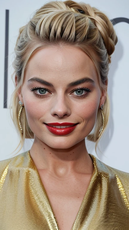 Margot Robbie with her hair up with painted lips dressed in glamorous clothes with a smile